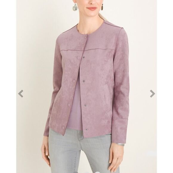 Chico's Faux Scuba Suede Jacket Lavender Button Down W Pocket Soft Size 1 (8/10) - Picture 1 of 10